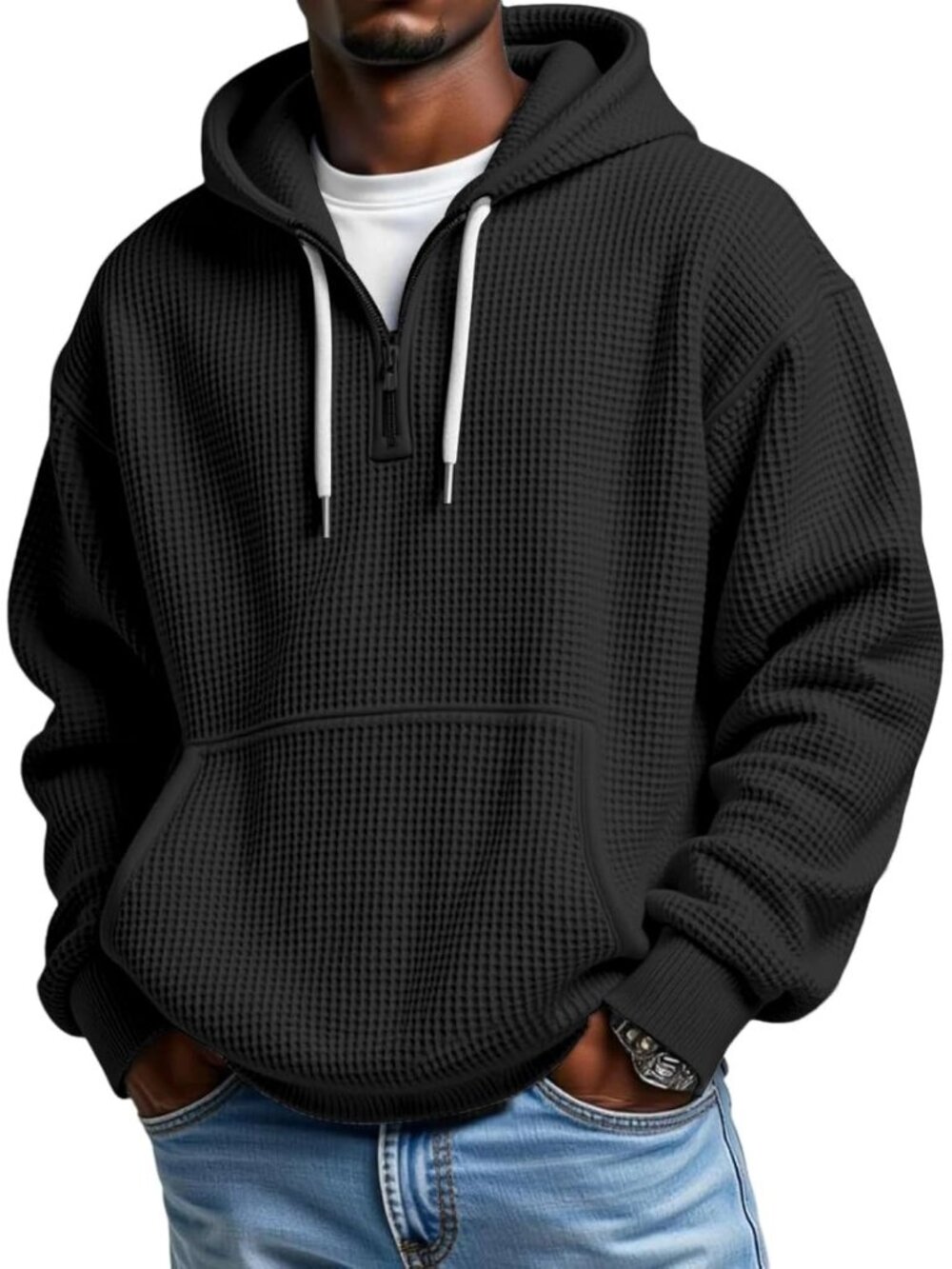 Men's Black Quarter Zip Waffle Knit Pullover Loose Fit Sweatshirt Hoodies